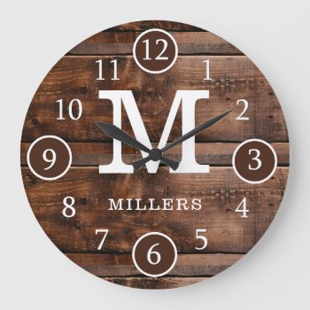 Rustic Dark Brown Wood  Family Name Monogram Large Clock by InitialsMonogram at Zazzle