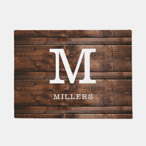 Rustic Dark Brown Wood Family Name Monogrammed Doormat
