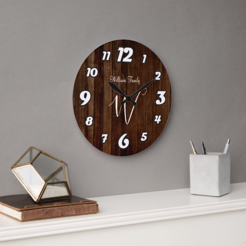 Rustic Dark Brown Wood Family Name Monogrammed Lar Large Clock