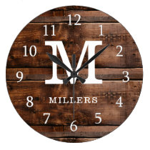Rustic Dark Brown Wood Family Name Monogrammed Large Clock Rustic Dark Brown Wood Family Name Monogrammed Large Clock