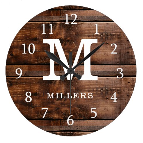 Rustic Dark Brown Wood Family Name Monogrammed Large Clock