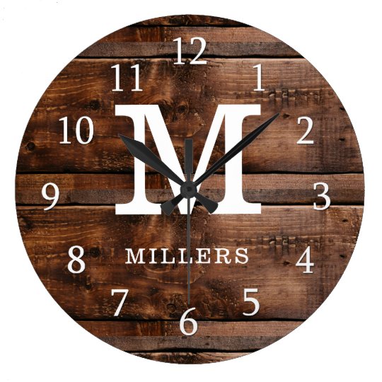 Rustic Dark Brown Wood Family Name Monogrammed Large Clock