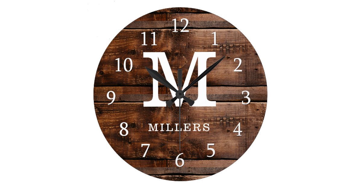 Rustic Dark Brown Wood Family Name Monogrammed Large Clock