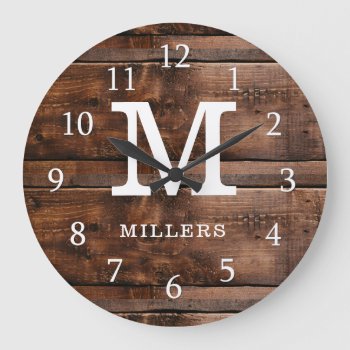 Rustic Dark Brown Wood Family Name Monogrammed Large Clock by InitialsMonogram at Zazzle