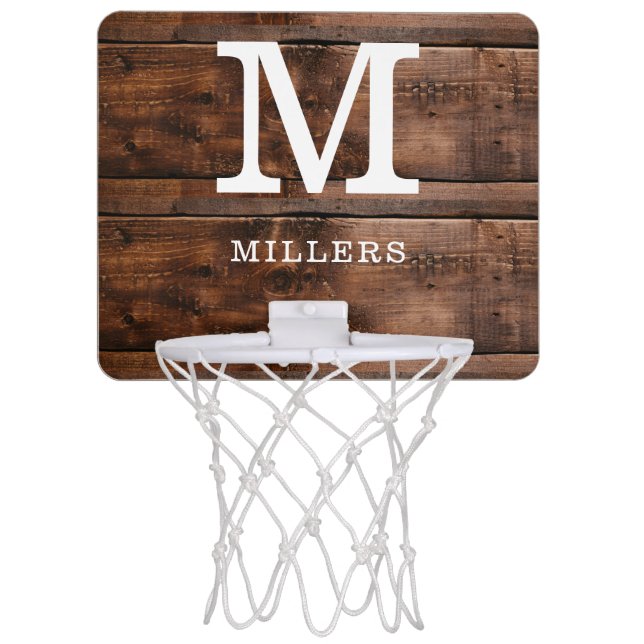 Rustic Dark Brown Wood Family Name Monogrammed Mini Basketball Hoop (Front)