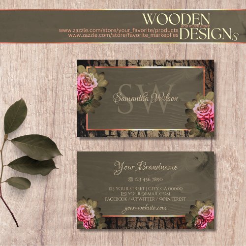 Rustic Dark Brown Wood Grain Pink Roses Monogram Business Card