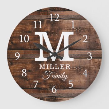 Rustic Dark Brown Wood Monogrammed Family Name Large Clock by InitialsMonogram at Zazzle