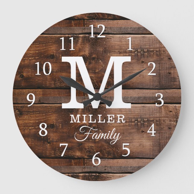 Rustic Dark Brown Wood Monogrammed Family Name Large Clock (Front)