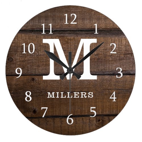 Rustic Dark Brown Wood Monogrammed Family Name Large Clock