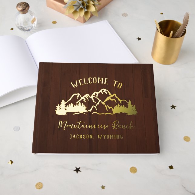 Rustic Dark Brown Wood Mountain Landscape Foil Guest Book (Front Open)
