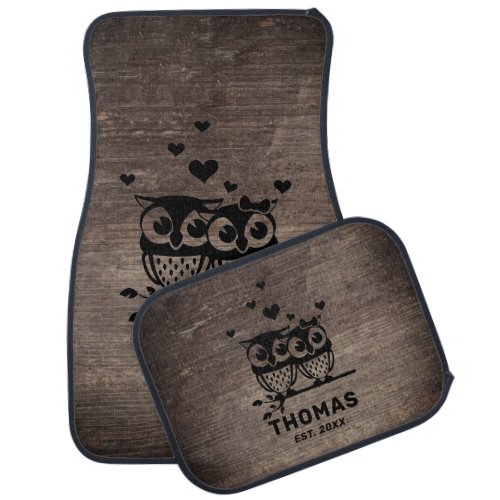 Rustic Dark Brown Wood Owls Wedding Name  Date Car Floor Mat