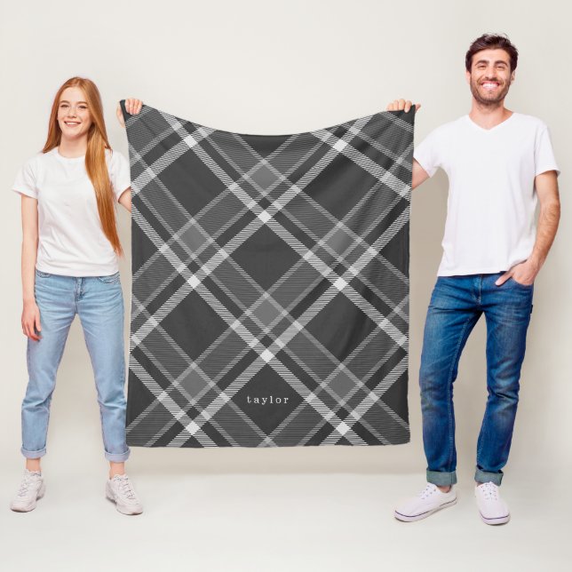 Rustic Dark Charcoal Gray Tartan Plaid with Name Fleece Blanket (In Situ)