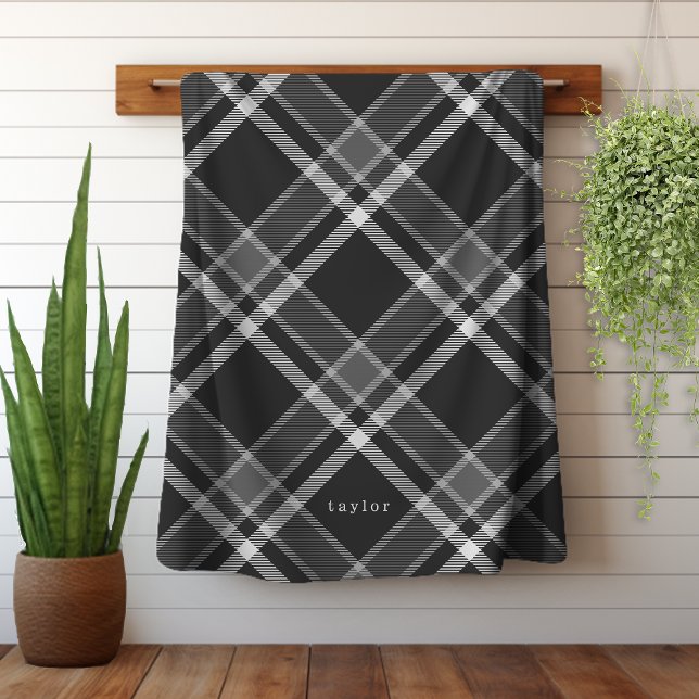 Rustic Dark Charcoal Gray Tartan Plaid with Name Sherpa Blanket (Personalize this rustic tartan plaid blanket with your name or monogram initials.)