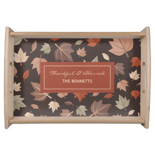 Rustic Dark Fall Leaves Family Name Serving Tray