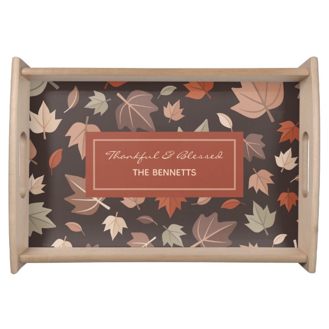 Rustic Dark Fall Leaves Family Name Serving Tray (Front)