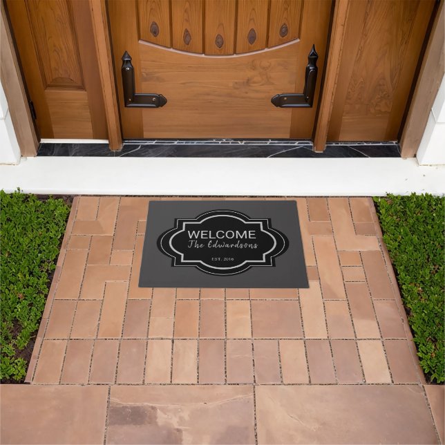 Rustic dark gray black welcome family name doormat (Outdoor)