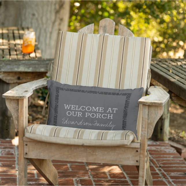 Rustic dark gray welcome porch family name lumbar pillow (Chair)