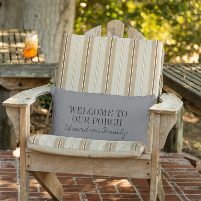 Rustic dark gray welcome porch family name lumbar pillow (Chair)