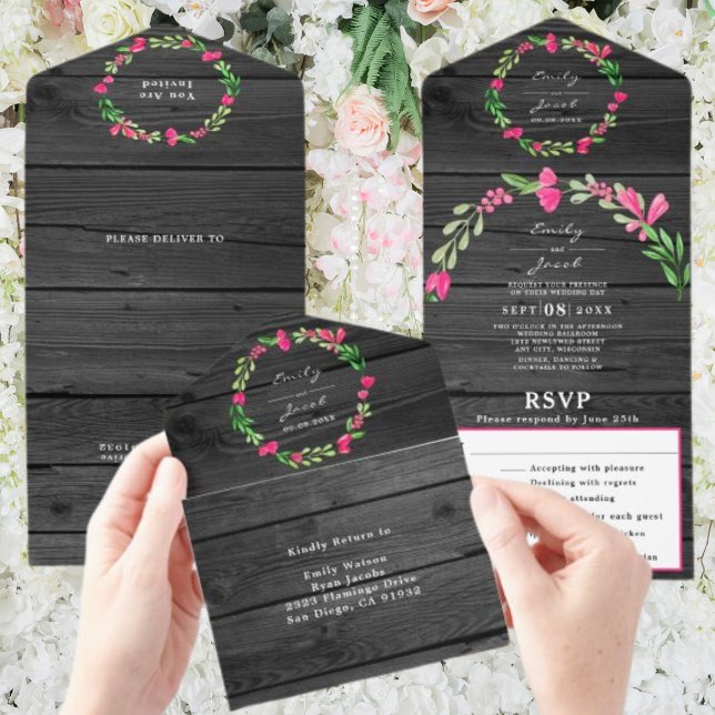 Rustic Dark Gray Wood Pink Floral Country Wed RSVP All In One Invitation (Creator Uploaded)