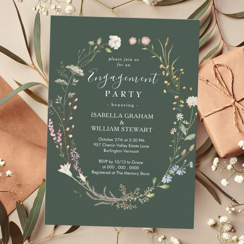 Rustic Dark Green Boho Wildflower Engagement Party Invitation