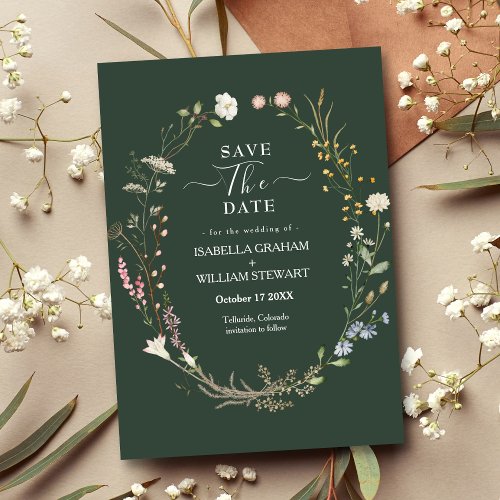 Rustic Dark Green Boho Wildflower Save The Date Invitation