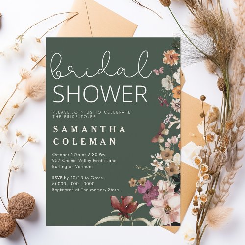 Rustic Dark Green Boho Wildfolwer Bridal Shower Invitation