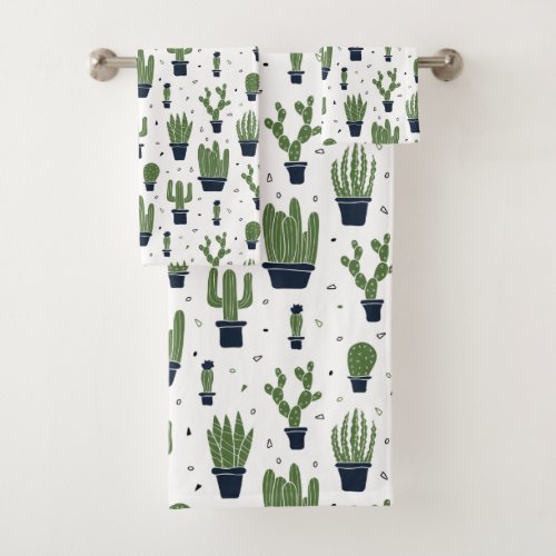 Rustic Dark Green Cactus Desert Pattern Bath Towel Set