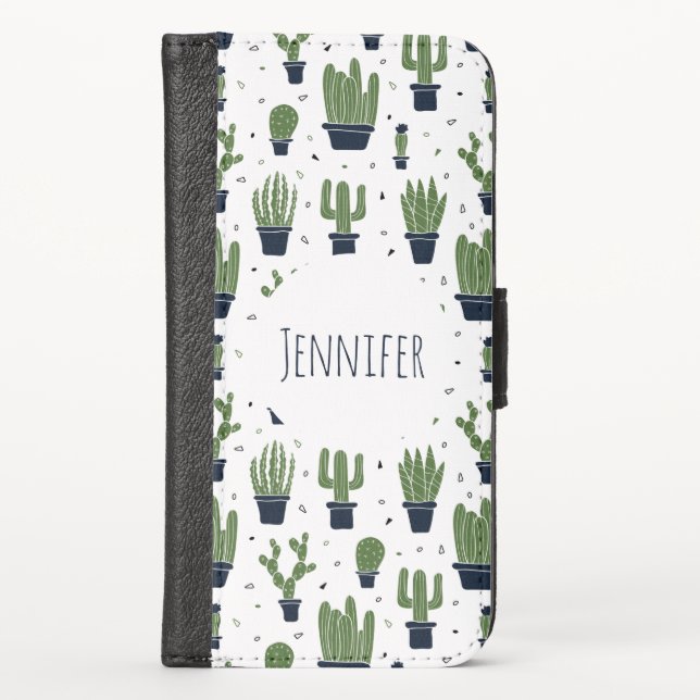 Rustic Dark Green Cactus Desert Pattern iPhone Wallet Case (Front)