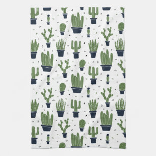 Rustic Dark Green Cactus Desert Pattern Kitchen Towel