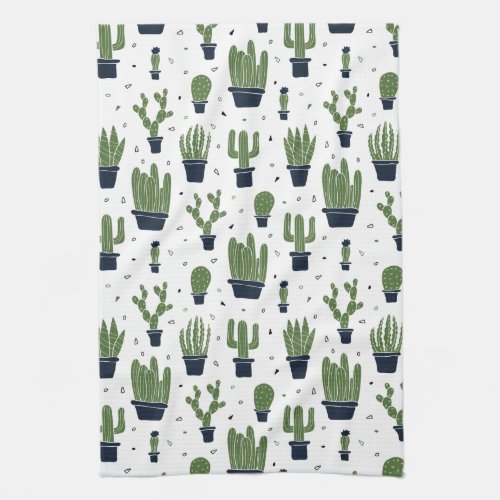 Rustic Dark Green Cactus Desert Pattern Kitchen Towel