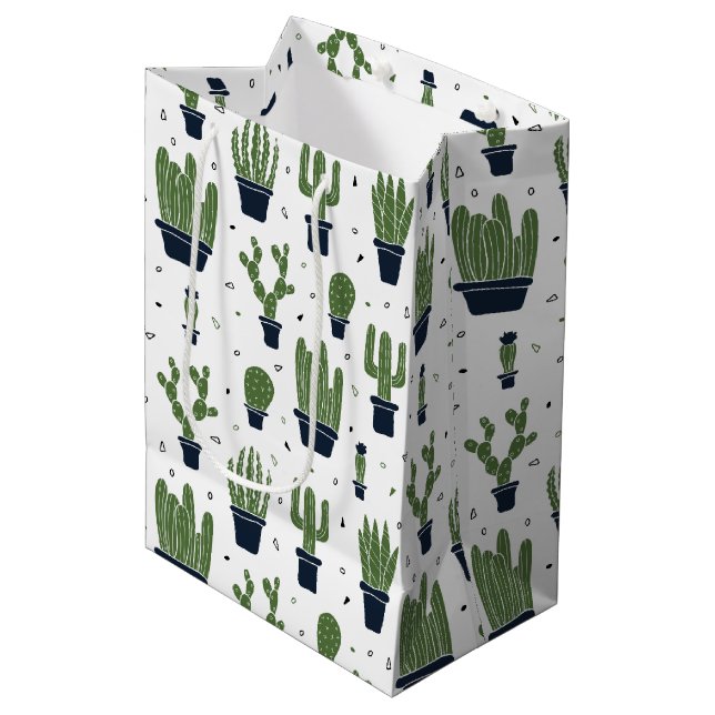 Rustic Dark Green Cactus Desert Pattern Medium Gift Bag (Front Angled)
