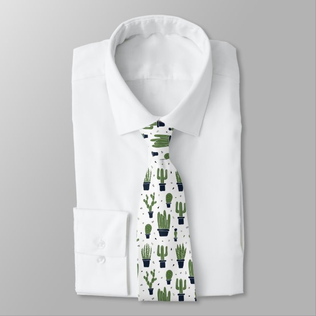 Rustic Dark Green Cactus Desert Pattern Neck Tie (Tied)