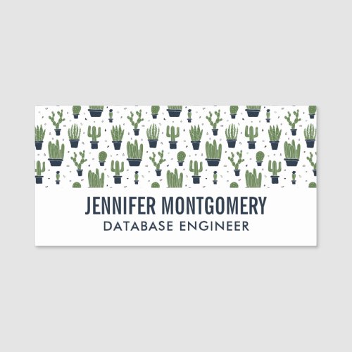 Rustic Dark Green Cactus Desert Pattern Profession Name Tag