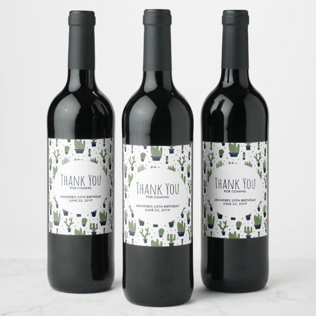 Rustic Dark Green Cactus Desert Pattern Thank You Wine Label (Bottles)