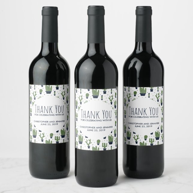 Rustic Dark Green Cactus Desert Pattern Wedding Wine Label (Bottles)