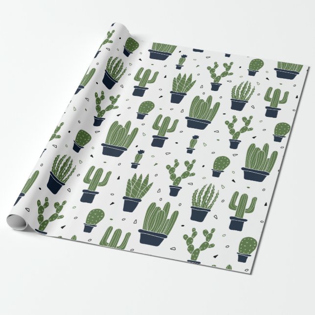 Rustic Dark Green Cactus Desert Pattern Wrapping Paper (Unrolled)