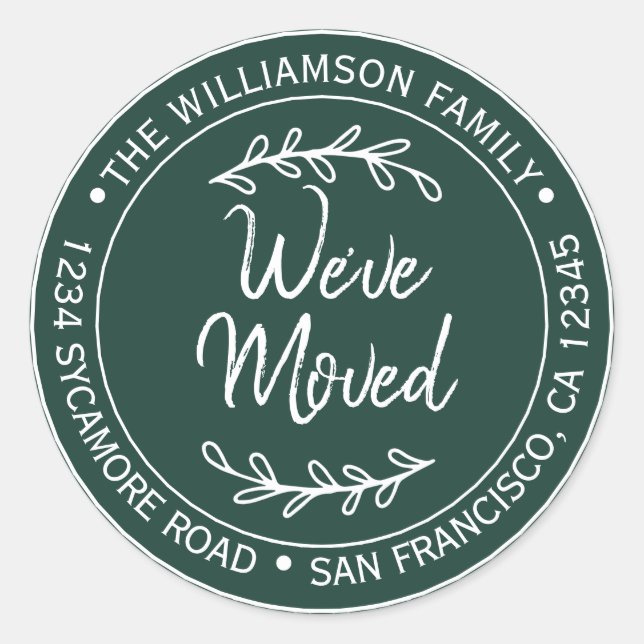 Rustic Dark Green New Address Classic Round Sticker (Front)