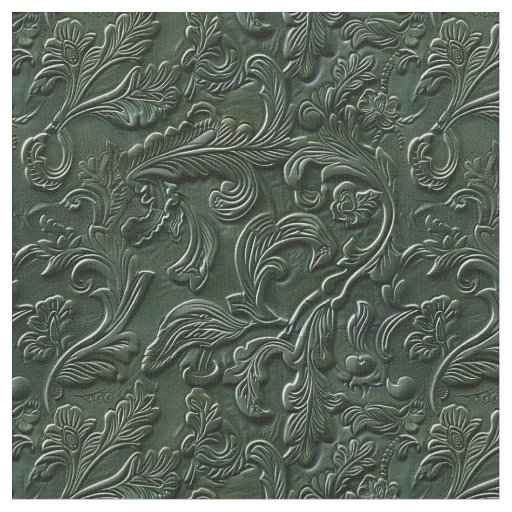 Rustic dark green tooled leather floral fabric