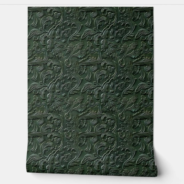 Rustic dark green tooled leather  wallpaper  (Unrolling)