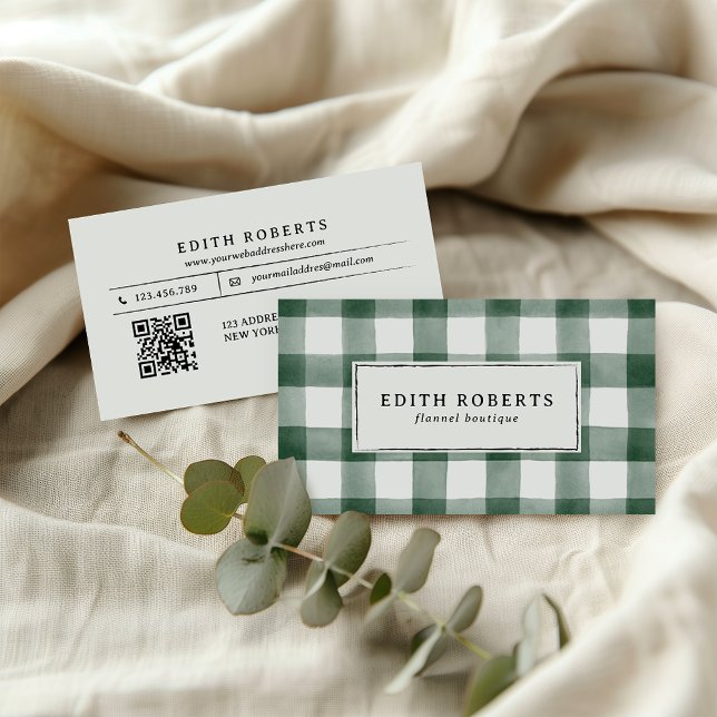 Rustic Dark Green Watercolor Buffalo Plaid QRCODE Business Card (Creator Uploaded)