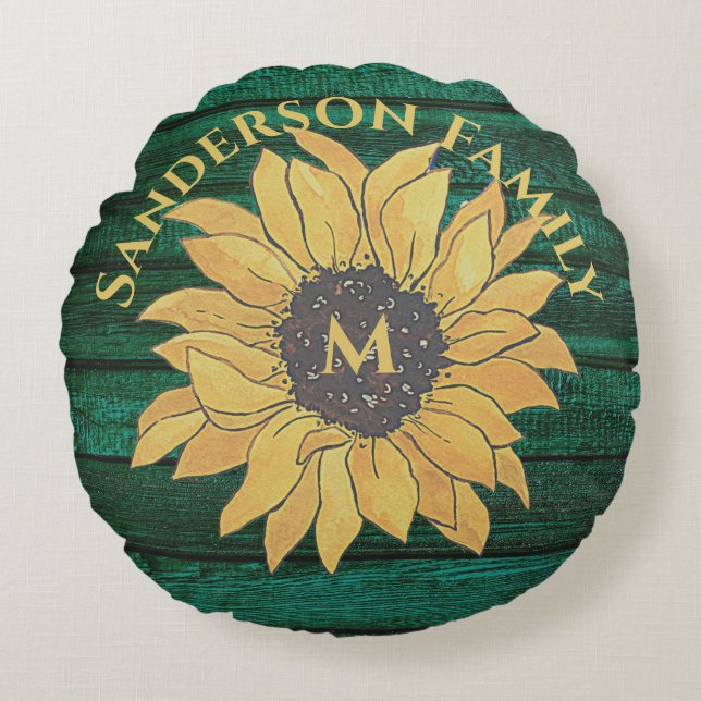  Rustic Dark Green Wood Sunflower  Yellow  Round Pillow (Front)