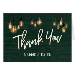Rustic Dark Green Wood w/ Edison Lights Thank You Cards