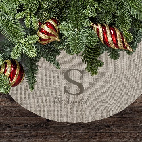 Rustic Dark Linen Style Family Monogram Christmas Brushed Polyester Tree Skirt