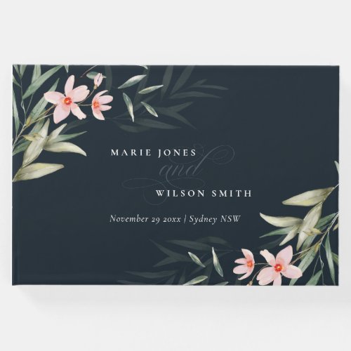 Rustic Dark Navy Blush Greenery Floral Wedding Guest Book