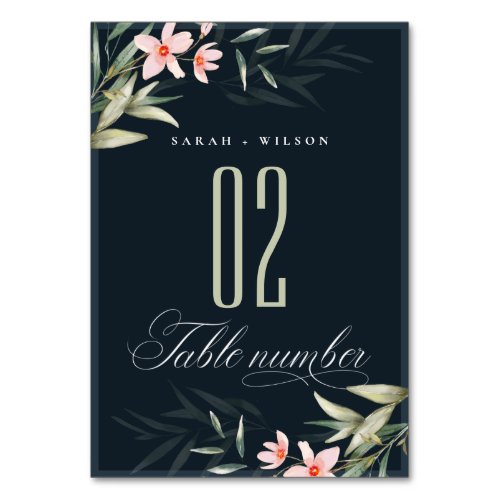 Rustic Dark Navy Blush Greenery Floral Wedding Table Number