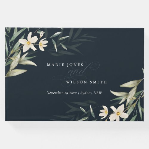 Rustic Dark Navy White Greenery Floral Wedding Guest Book