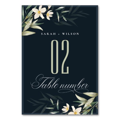 Rustic Dark Navy White Greenery Floral Wedding Table Number