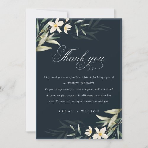 Rustic Dark Navy White Greenery Floral Wedding Thank You Card