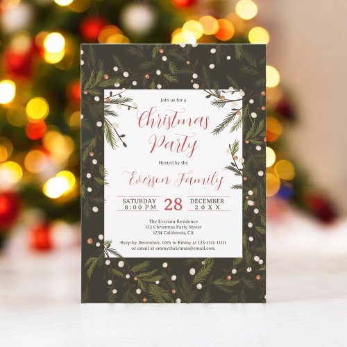 Rustic dark Pine Branches Elegant Christmas Party Invitation