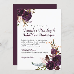 Rustic Dark Purple Floral Boho Fall Wedding Invitation